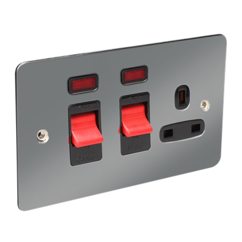 Flat Plate 45A Cooker Switch Plus Socket with Neon *Black Nickel